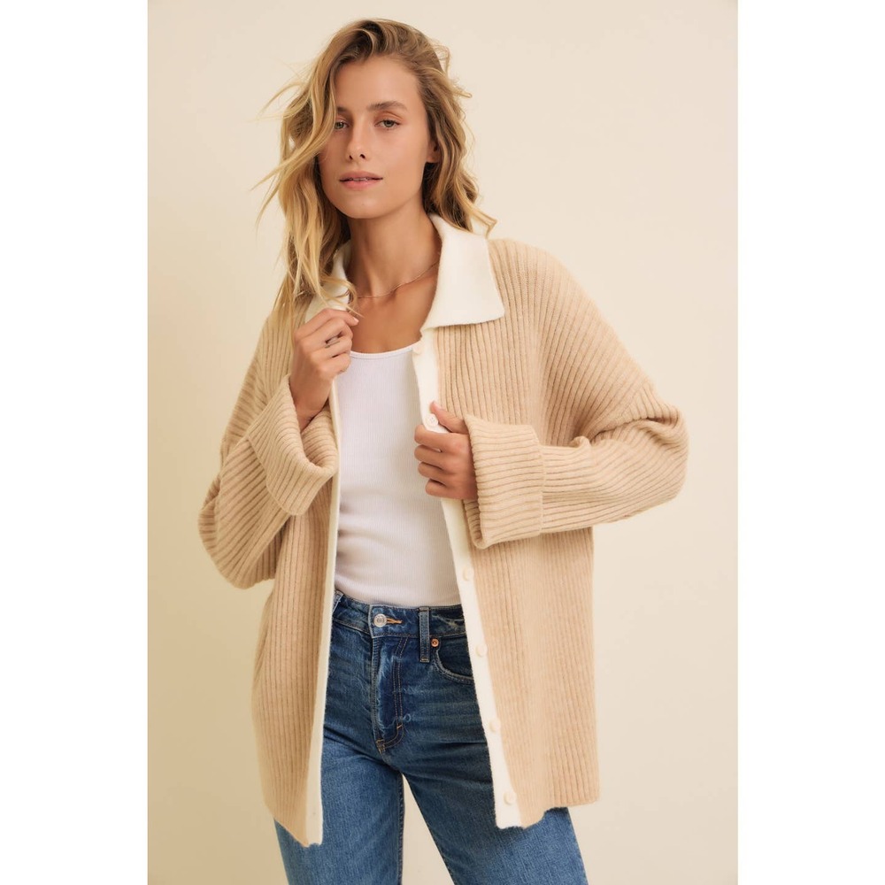 In February Beige Size Small Two Tone Rib Sweater Cardigan with Contrast Collar